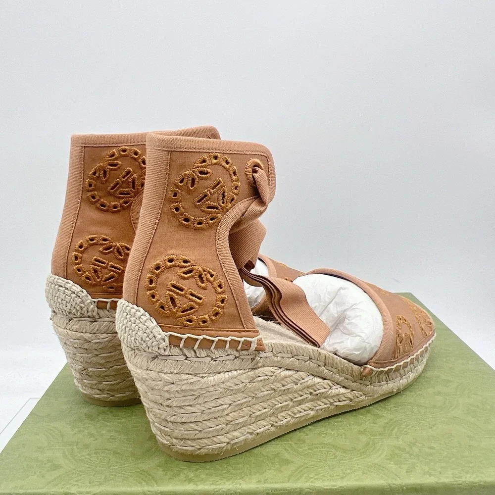 Gucci GG Damita Espadrille Wedge Sandal Eyelet Canvas Cognac Brown EU 38 US 8
